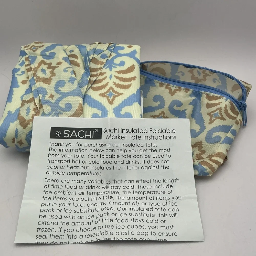SACHI Insulated Foldable Market Tote Bag w/Matching Zip Pouch Blue Tan Damask
